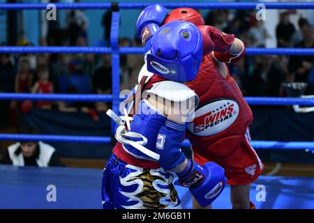 Orenburg, Russia - October 20, 2019: Boy compete in Thai boxing for the Orenburg Cup in Thai boxing Stock Photo