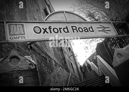 BW image of the entrance of Oxford Road GMPTE British rail station, Manchester, England, UK, M1 6FU Stock Photo