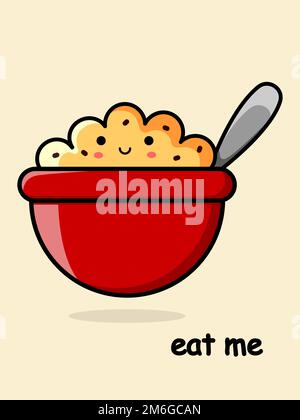 Cartoon bowl with oatmeal. Childrens breakfast. Eat me postcard. Vector illustration. Stock Vector