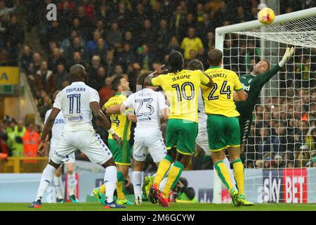 Robbie Brady of Norwich City scores the opening goal from a corner with Robert Green of Leeds United fumbling his effort - Norwich City v Leeds United, Sky Bet Championship, Carrow Road, Norwich - 5th November 2016. Stock Photo