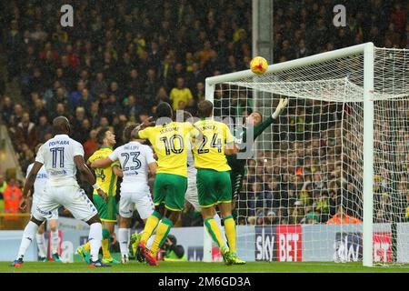 Robbie Brady of Norwich City scores the opening goal from a looping header with Robert Green of Leeds United fumbling his effort - Norwich City v Leeds United, Sky Bet Championship, Carrow Road, Norwich - 5th November 2016. Stock Photo