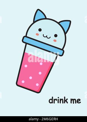 Cartoon kawaii glass with cat ears. Drink me postcard. Vector illustration. Stock Vector