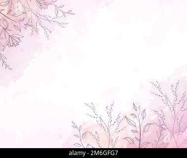 Pink Watercolor Background With Paints And Flowers Stock Photo