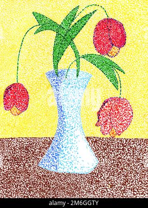 Children's drawing of flowers in vase made by dots with felt-tip pens Stock Photo