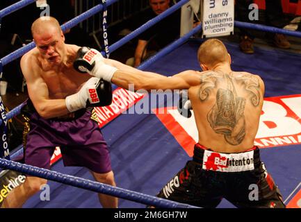 Boxers fight during the undercard of Ian Napa of England versus Carmelo Ballone of Belgium for the European Bantamweight title at York Hall London Stock Photo