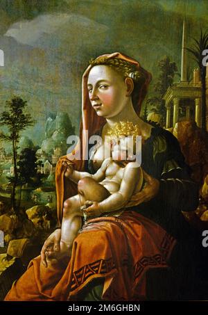 Virgin and Child, in front of a Landscape 1530 Maerten van Heemskerck  1498-Haarlem 1574 Dutch Netherlands Church, Information from the images is being worked on it takes some time, Fine art Museum, Stock Photo