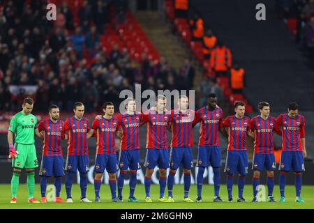 Players of CSKA Moscow observe a moment of silence for those lost in the Chapecoense plane crash - Tottenham Hotspur v CSKA Moscow, UEFA Champions League, Wembley Stadium, London - 7th December 2016. Stock Photo