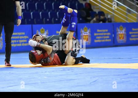 Orenburg, Russia - October 5, 2019: Men compete in Pankration wrestling at the Open Championship and Stock Photo
