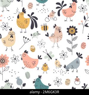 Seamless funny chickens pattern. Cartoon cute roosters and hens, decorative easter domestic birds, spring print. Decor textile, wrapping paper Stock Vector