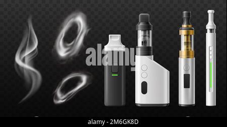 Smoke rings vape. Realistic steam jet, electronic cigarettes and hookahs, aromatic vaporizers, disposable and rechargeable, smoking accessory, 3d Stock Vector