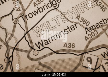 Warminster, United Kingdom atlas map town name - sepia Stock Photo