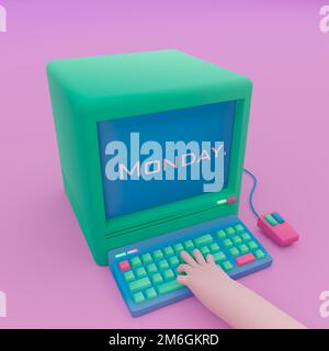 3d render, 3d illustration. Computer with keyboard, mouse and hand on keys. Stock Photo