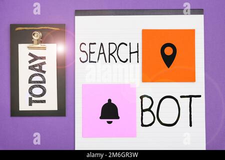 Writing displaying text Search Bot, Concept meaning a program that runs automated tasks over the Internet or network Stock Photo