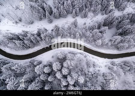 Aerial view of a beautiful snowy winding road through spruce forest after snow storm in the mountains in Slovenia Stock Photo