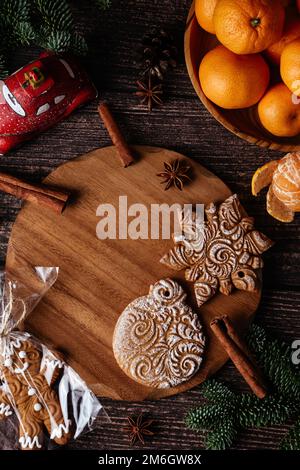 christmas New Year composition with tangerines, anise, cinnamon Stock Photo