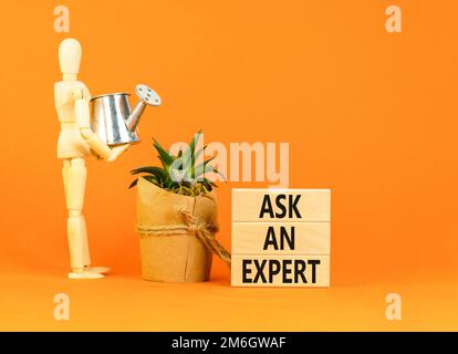 Ask an expert symbol. Concept words Ask an expert on wooden blocks on a beautiful orange table orange background. Businessman model. Business and ask Stock Photo