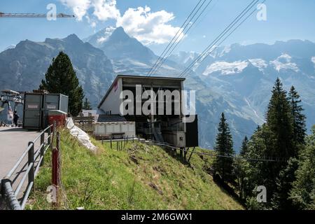 Cableway from Murren to Birg and Schilthorn summit Switzerland. Summer season. Stock Photo