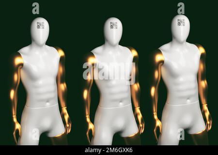 Three men's mannequins with gold hands and a qr crod on their foreheads on a black background. 3D rendering.