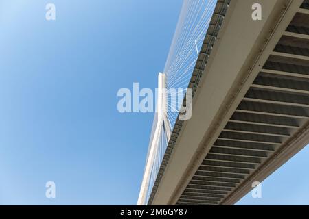 Upward view of the cable-stayed bridge Stock Photo