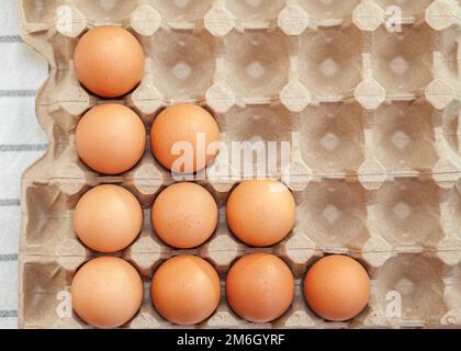 A few brown eggs among the empty cells of a large cardboard bag Stock Photo