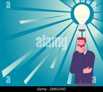 Illustration Of A Man Standing Coming Up With New Amazing Ideas. Businessman Drawing Thinking Deeply For Old Wonderful Plans. Gu Stock Photo