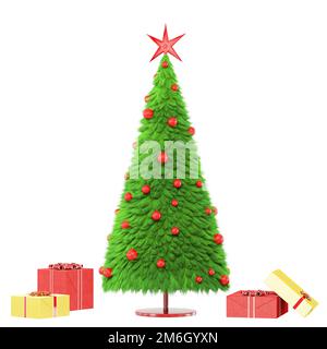 A Christmas tree made of fur with red toys and gift boxes nearby. Greeting card for New Year and Christmas. White background. 3D Stock Photo