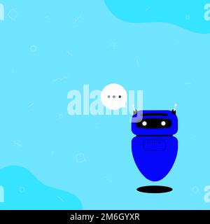 Illustration Of Cute Floating Robot Telling Us New Wonderful Information In A Chat Cloud. Adorable Flying Mechanical Person Draw Stock Photo