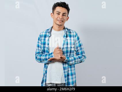 Man gesturing help with hands in sign language, Young man showing help gesture with hands in sign language. Interpreter man gesturing help with hands Stock Photo