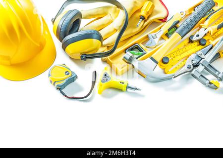 big set of yellow construction tools isolated on white background Stock Photo