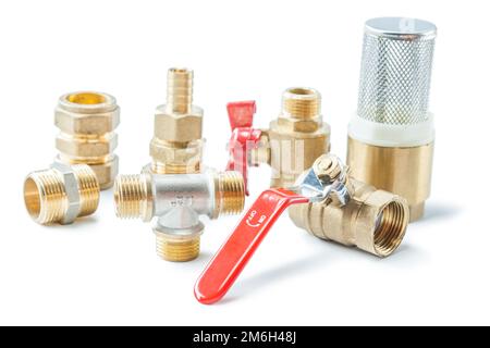 brass pipe fittings and fixtures  plunbing tools isolated on white background Stock Photo