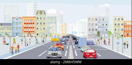 Big city with road traffic and public transport, illustration Stock ...