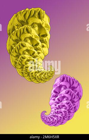 Collage with plaster antique sculpture of human face in a pop art style. Modern creative concept image with ancient statue head. Stock Photo