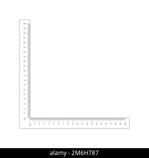 20 cm corner ruler template. Measuring tool with vertical and horizontal lines with centimeters and millimeters markup and numbers. Vector outline illustration isolated on white background Stock Vector