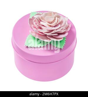 Pink round gift box isolated on white. Stock Photo