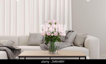 3D rendering Beige Sofa in Minimal Livingroom, Pink Rose in Livingroom Stock Photo