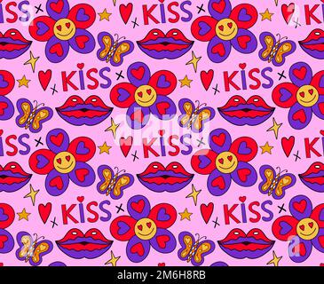 Valentine's Day groovy retro 70s seamless pattern. Love and peace endless texture. Backdrop. vector illustration Stock Vector