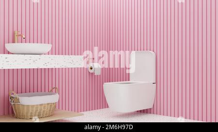 3D rendering Pink Toilet White Terrazzo Floor With White Toilet Bowl Stock Photo