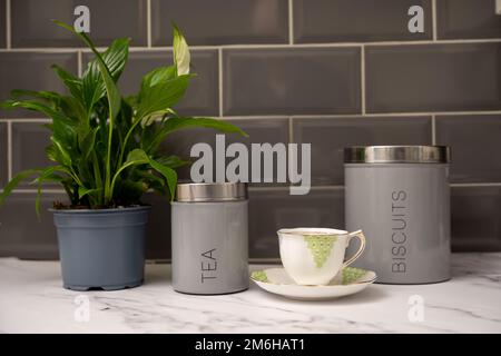 tea and biscuit cannisters porcelain cup and saucer with leafy green plant on a marble work top Stock Photo