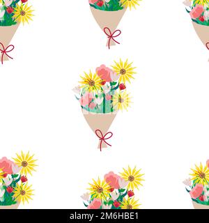 Bouquet of different flowers seamless pattern. Vector beige floral print in flat style Stock Vector
