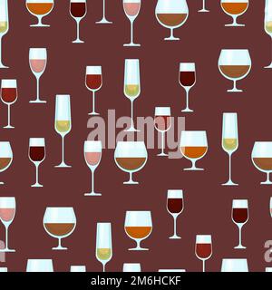 Wine glasses of different shapes with different alcohol seamless pattern. Vector background with alcohol. Print with alcoholic drinks Stock Vector