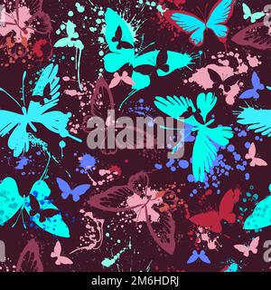 Seamless pattern blue and burgundy butterflies. Vector illustration Stock Vector