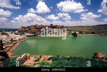 Birds eye view of Badami and Agasthya lake from south fort, Karnataka, South India, India, Asia Stock Photo