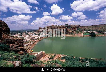 Birds eye view of Badami and Agasthya lake from south fort, Karnataka, South India, India, Asia Stock Photo