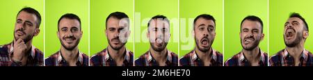 Collection of multiple expressions of young people isolated on green background. Human emotion expressing concept of variety and diversity of feelings Stock Photo