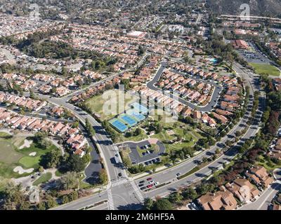 Aerial view over small community and park in the suburb of San Diego Stock Photo