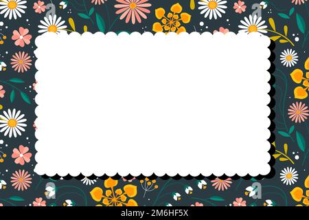 Blank Frame Decorated With Abstract Modernized Forms Flowers And Foliage. Empty Modern Border Surrounded By Multicolored Line Sy Stock Photo