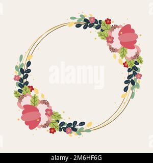 Blank Frame Decorated With Abstract Modernized Forms Flowers And Foliage. Empty Modern Border Surrounded By Multicolored Line Sy Stock Photo