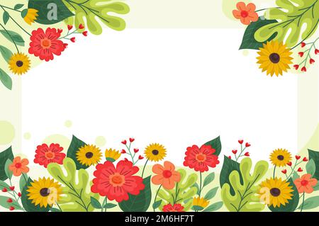 Blank Frame Decorated With Abstract Modernized Forms Flowers And Foliage. Empty Modern Border Surrounded By Multicolored Line Sy Stock Photo