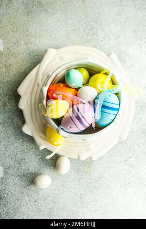 Easter table setting on concrete background Stock Photo