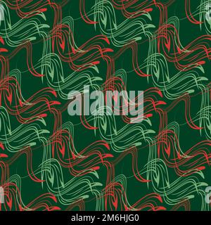 Elegant swirl and curly brush strokes seamless pattern. Hand drawn vector ink green, white, red background. Diagonal wavy abstract lines. Scribble Stock Vector